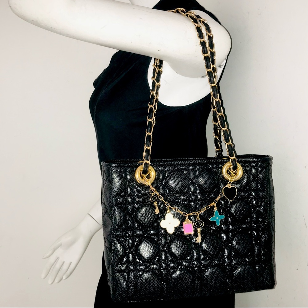 Black Quilted Women’s Tote Bag with Gold Chain Handles